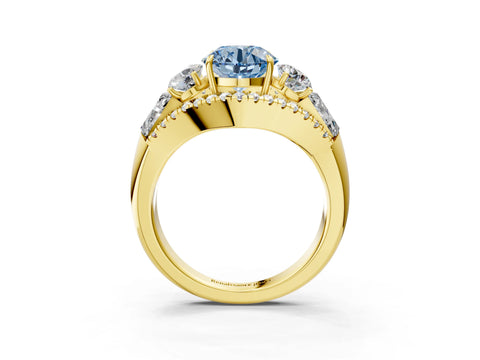 Yellow gold Three-Stone Fancy Blue Round Cut Diamond Engagement Ring with Pave Band and Prong Setting_3