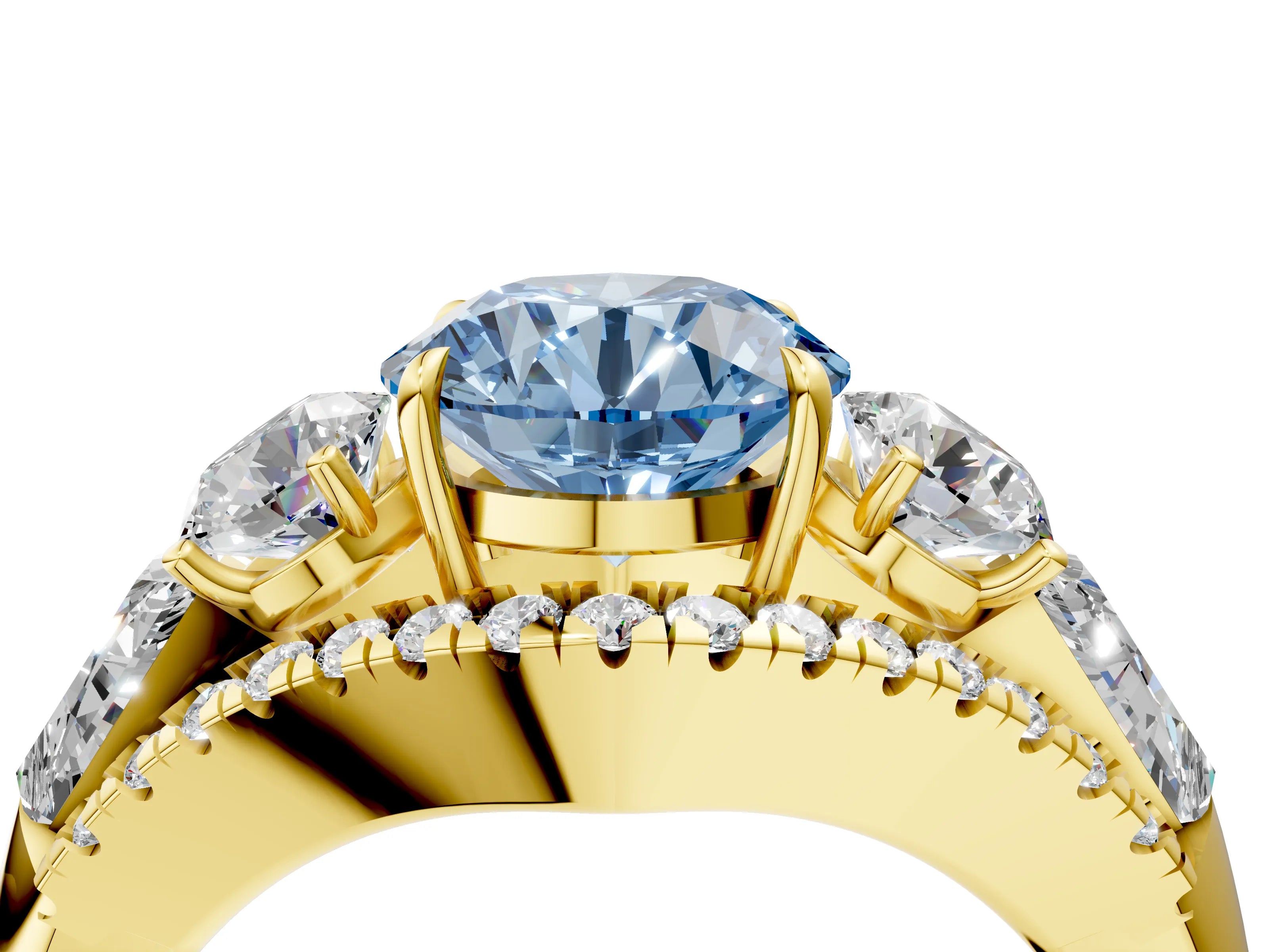 Yellow gold Three-Stone Fancy Blue Round Cut Diamond Engagement Ring with Pave Band and Prong Setting_4
