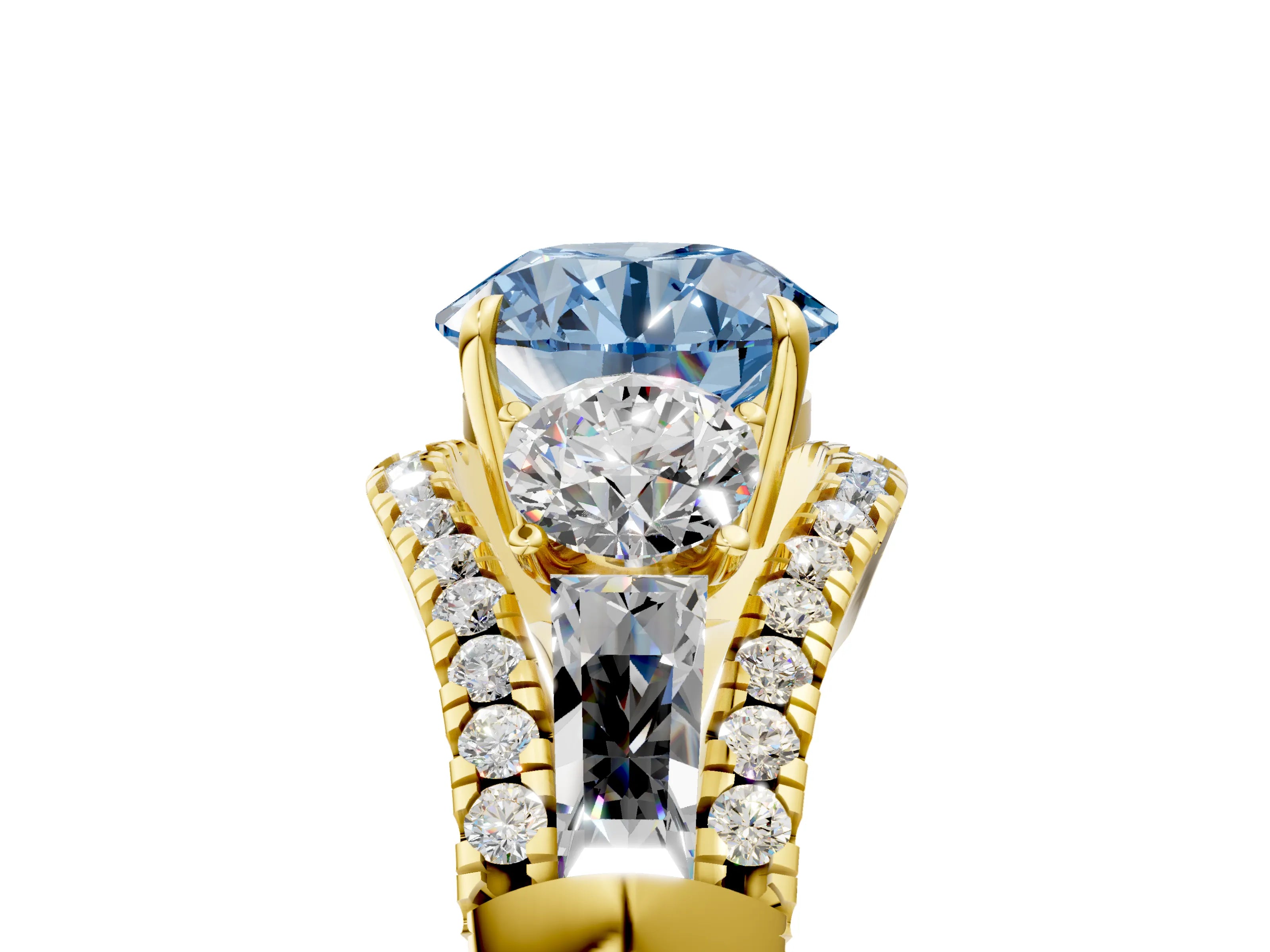 Yellow gold Three-Stone Fancy Blue Round Cut Diamond Engagement Ring with Pave Band and Prong Setting_5