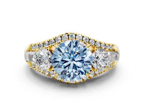 Yellow gold Three-Stone Fancy Blue Round Cut Diamond Engagement Ring with Pave Band and Prong Setting