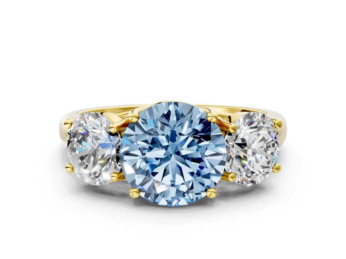 Yellow gold Three-Stone Fancy Blue Round Cut Diamond Engagement Ring with Prong Setting_3