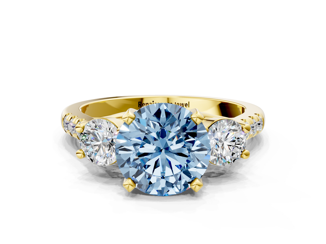 Yellow gold Three-Stone Fancy Blue Round  Cut Diamond Pavé Band with Four-Prong Setting_28