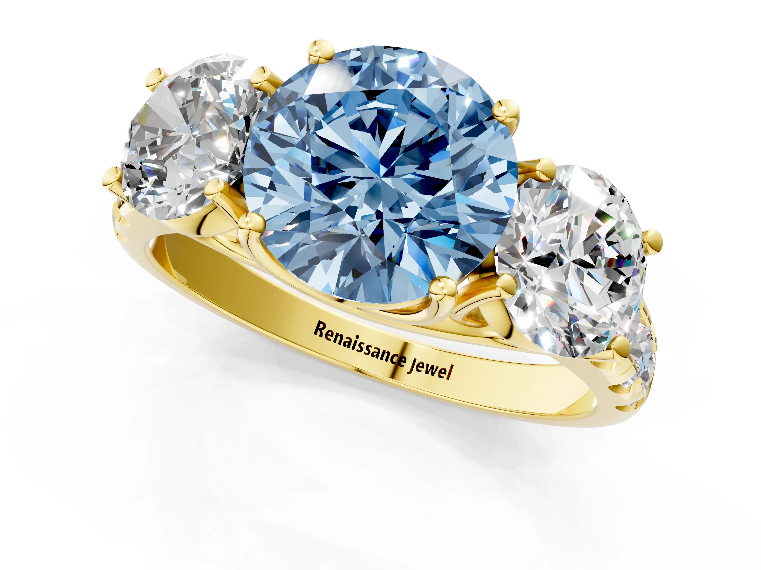 Yellow gold Three-Stone Fancy Blue Round Cut Diamond Pavé Band with Prong Setting_1