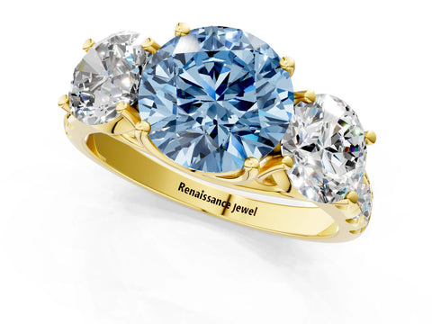 Yellow gold Three-Stone Fancy Blue Round Cut Diamond Pavé Band with Prong Setting_1