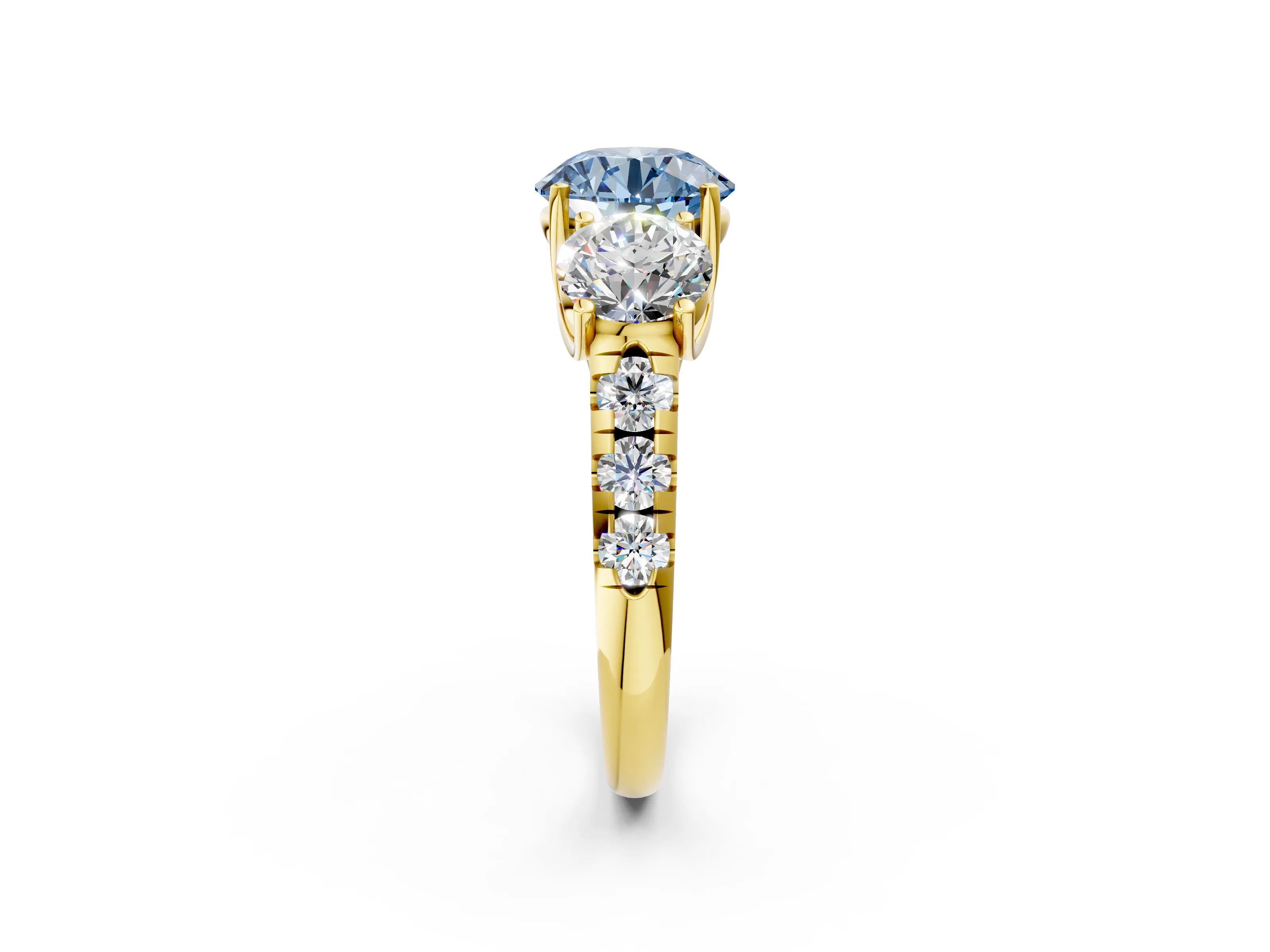 Yellow gold Three-Stone Fancy Blue Round Cut Diamond Pavé Band with Prong Setting_2