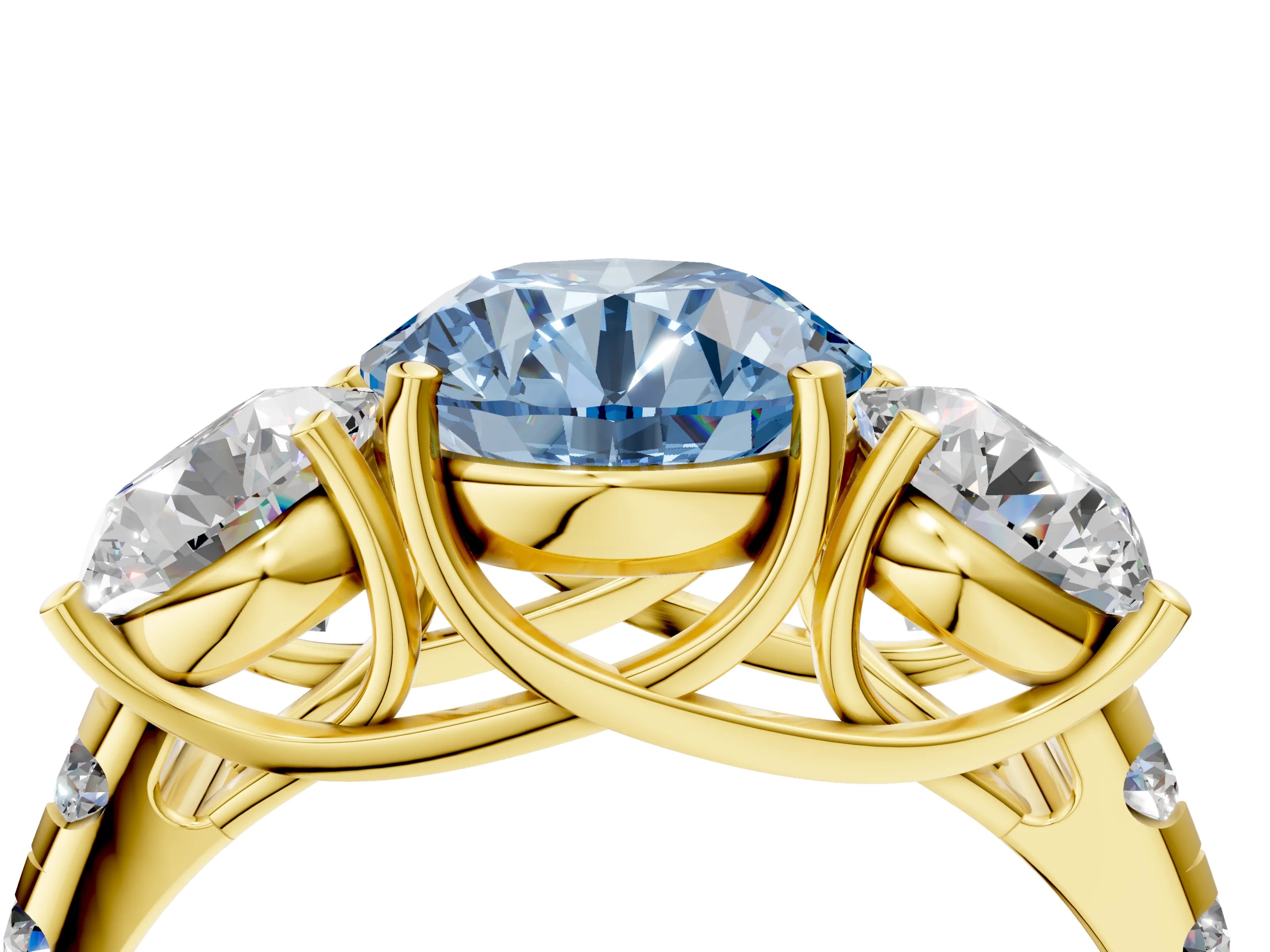 Yellow gold Three-Stone Fancy Blue Round Cut Diamond Pavé Band with Prong Setting_4