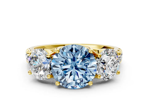 Yellow gold Three-Stone Fancy Blue Round Cut Diamond Pavé Band with Prong Setting