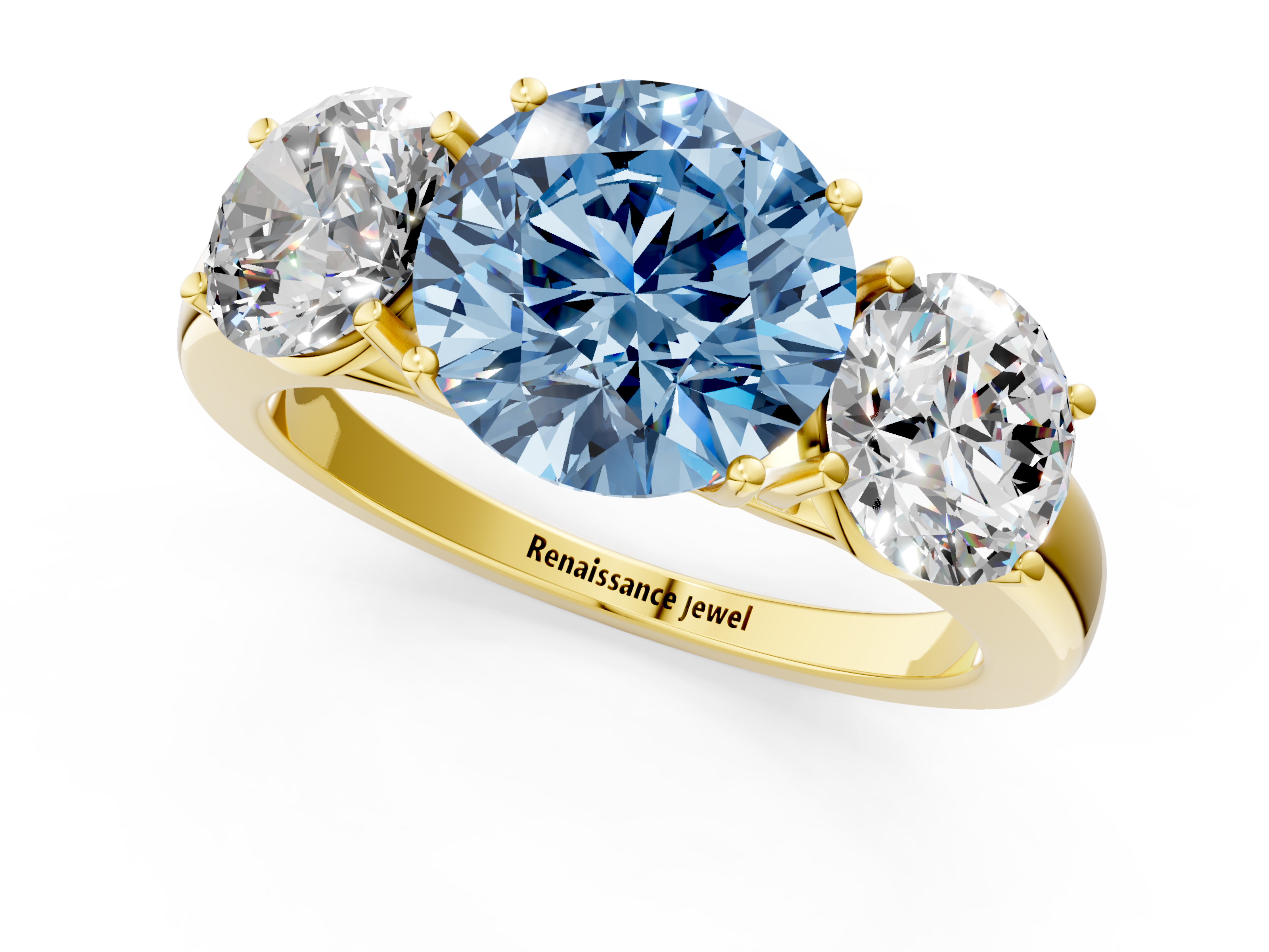 Yellow gold Three-Stone Fancy Blue Round  Cut Diamond Ring with Channel-Set Band and Four-Prong Setting_33