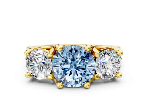 Yellow gold Fancy Blue Round Cut Diamond Three-Stone Ring with Channel Set Band and Four-Prong Setting