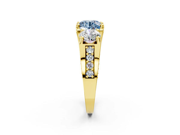 Yellow gold Fancy Blue Round Cut Diamond Three-Stone Ring with Channel Set Band and Four-Prong Setting