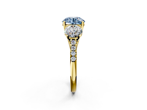 Yellow gold Three-Stone Fancy Blue Round  Cut Diamond Ring with Pavé Band and Prong Setting_42