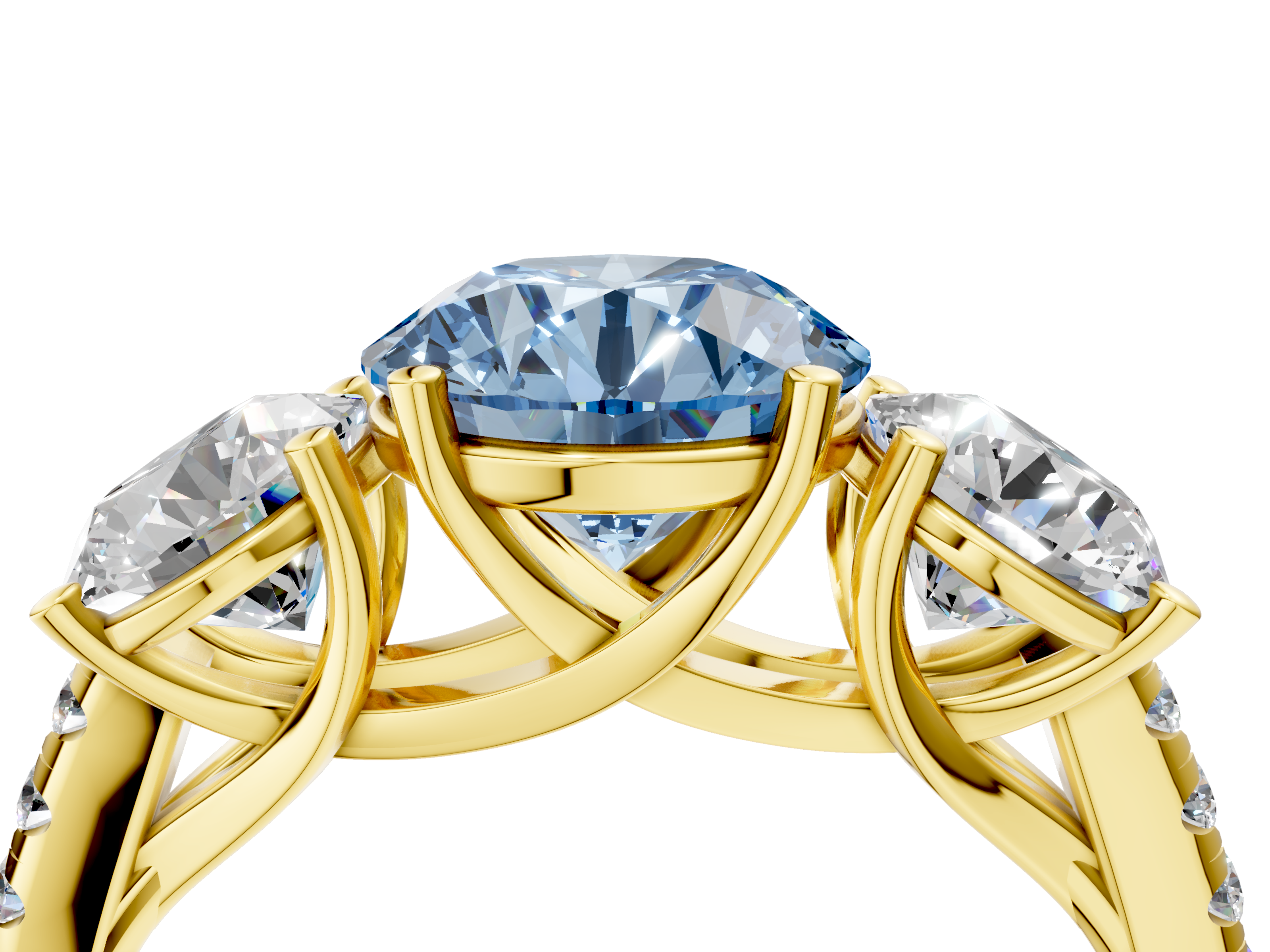 Yellow gold Three-Stone Fancy Blue Round  Cut Diamond Ring with Pavé Band and Prong Setting_44