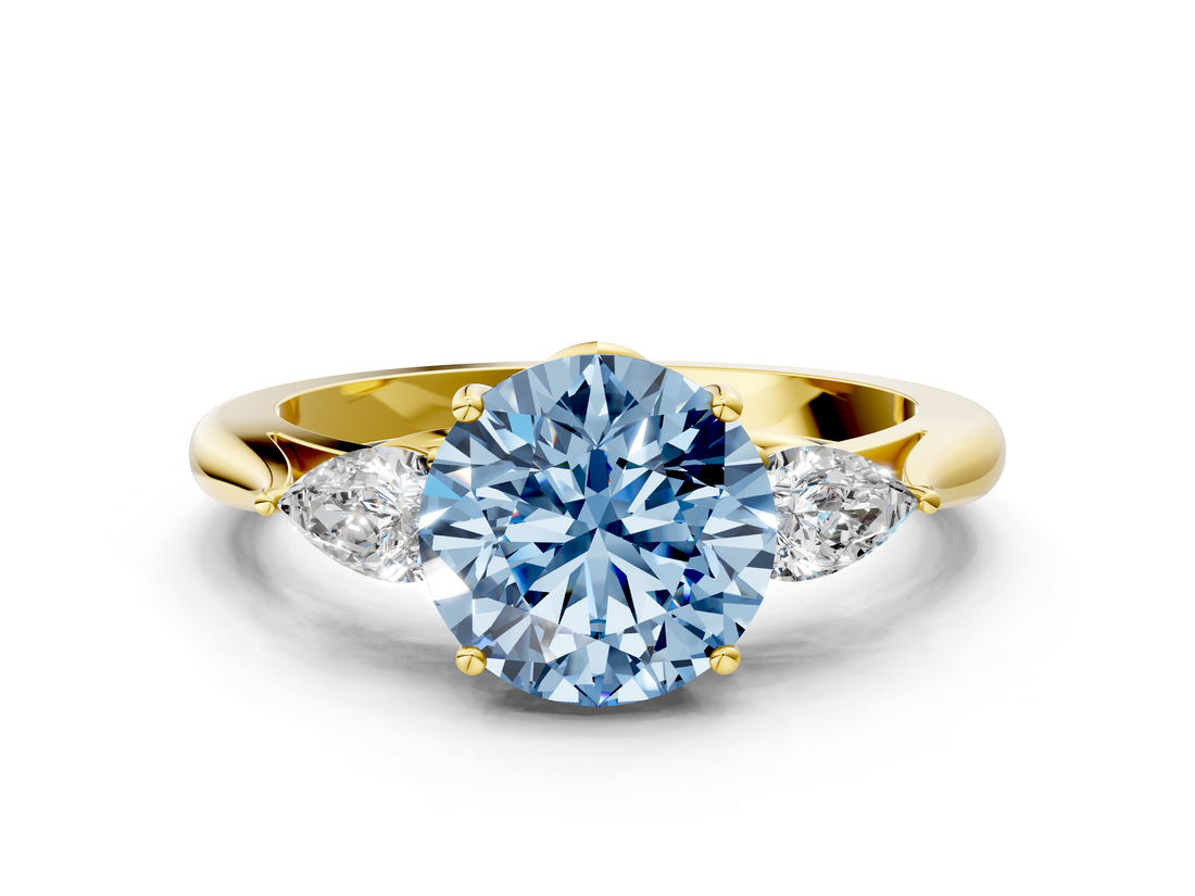 Yellow gold Three-Stone Fancy Blue Round  Cut Diamond Ring with Pear Side Stones in Four-Prong Setting_109