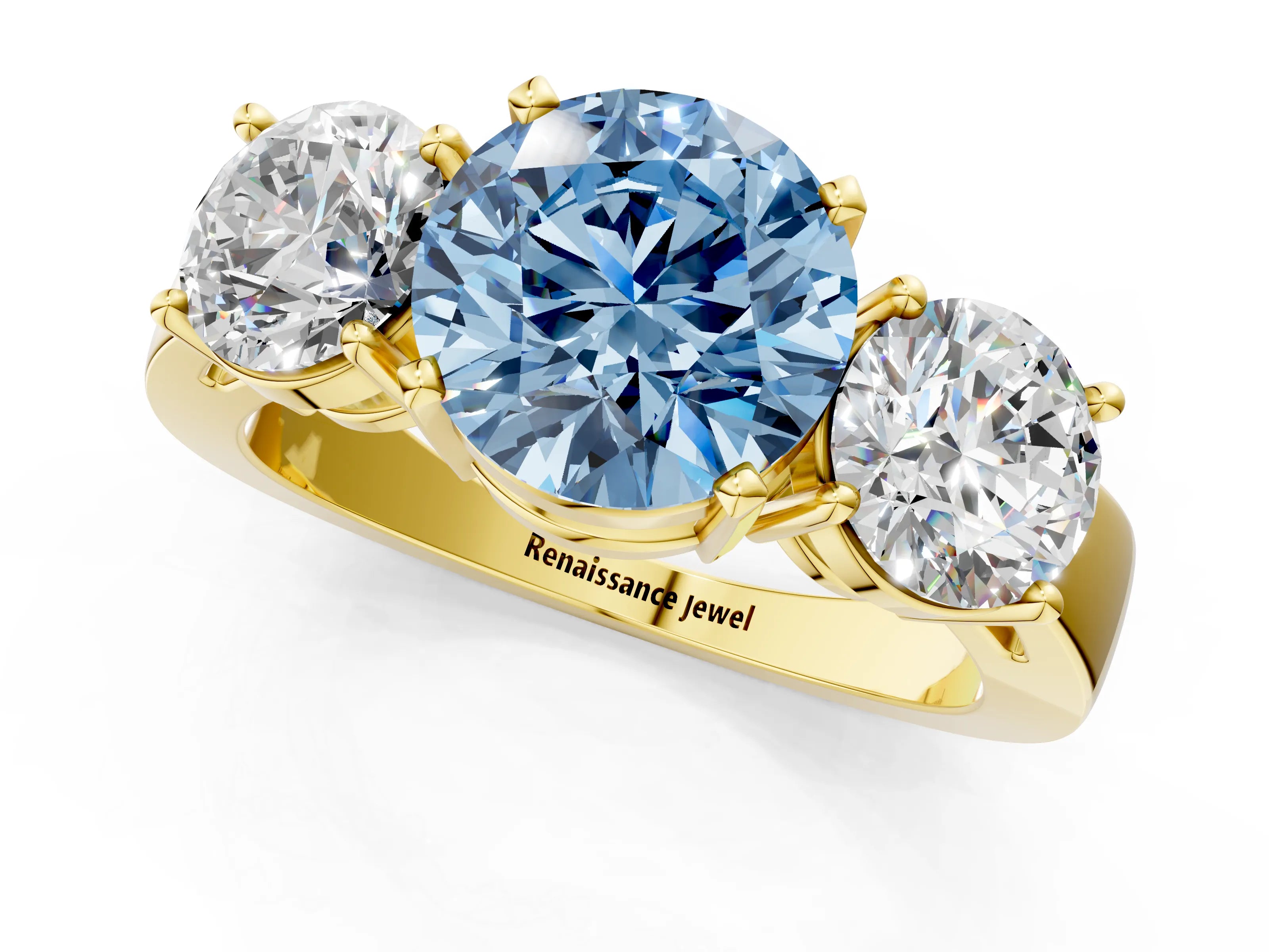 Yellow gold Three-Stone Fancy Blue Round Cut Diamond Ring with Round Side Stones, Classic Band, and Four-Prong Setting_1