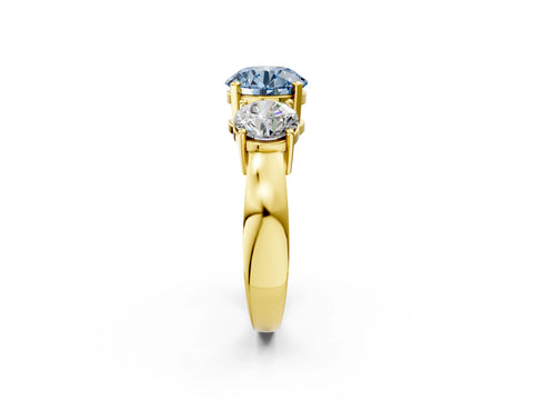 Yellow gold Three-Stone Fancy Blue Round Cut Diamond Ring with Round Side Stones, Classic Band, and Four-Prong Setting_2