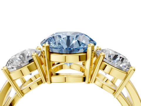 Yellow gold Three-Stone Fancy Blue Round Cut Diamond Ring with Round Side Stones, Classic Band, and Four-Prong Setting_4