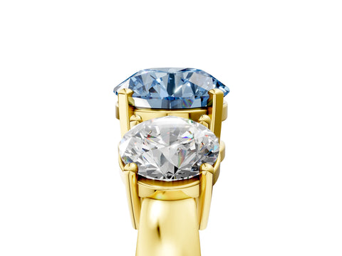 Yellow gold Three-Stone Fancy Blue Round Cut Diamond Ring with Round Side Stones, Classic Band, and Four-Prong Setting_5