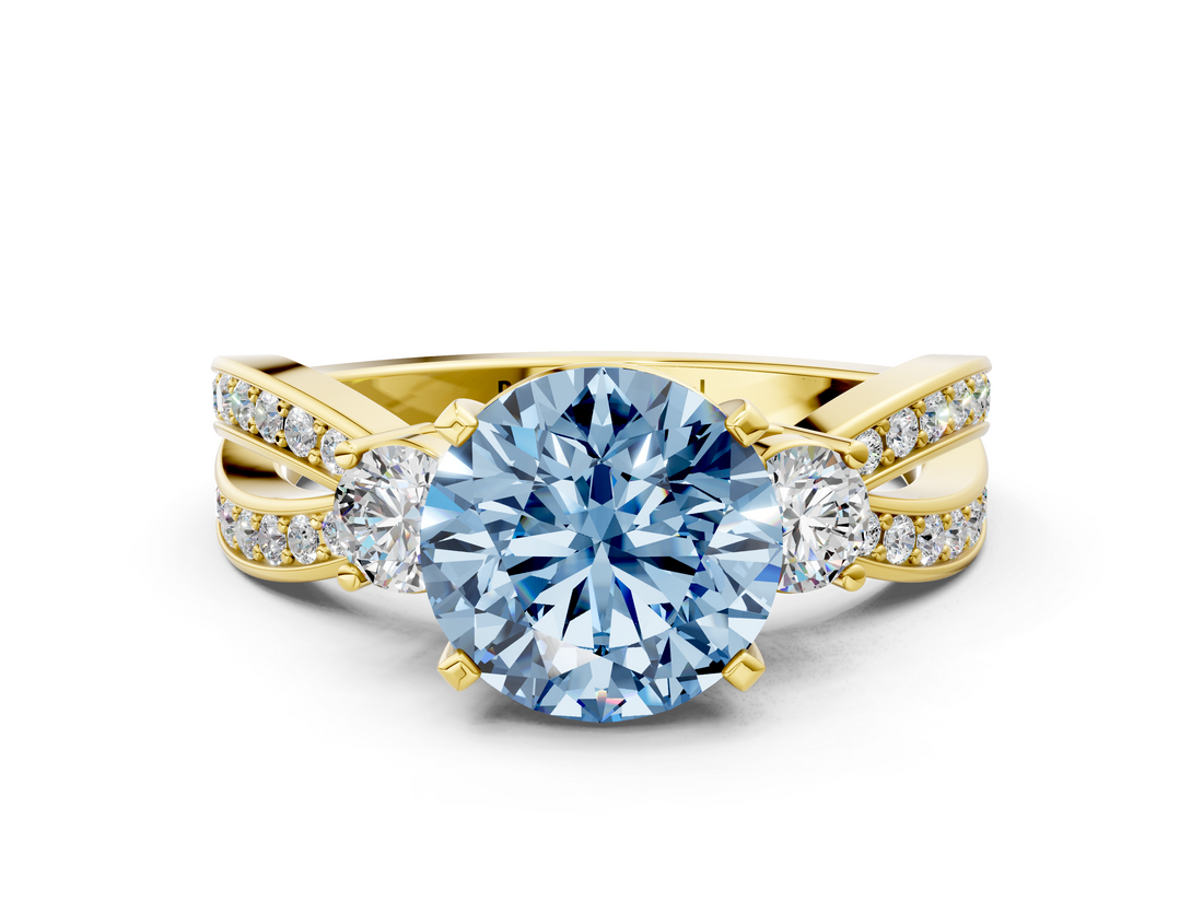 Yellow gold Three-Stone Fancy Blue Round  Cut Diamond Twist Band with Prong Setting_56