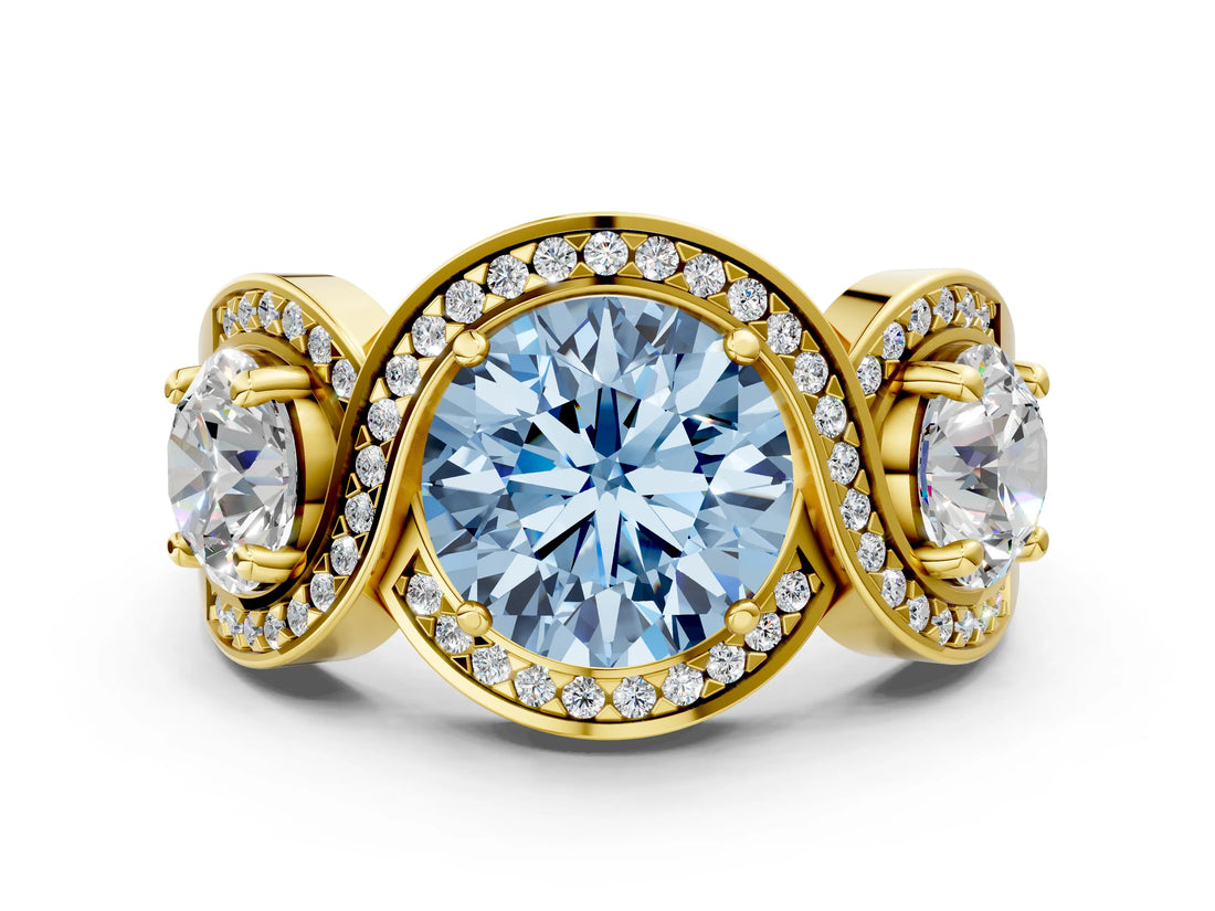 Yellow gold Three-Stone Fancy Blue Round Cut Diamond Wave Pave Band with Prong Setting