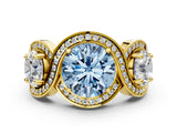 Yellow gold Three-Stone Fancy Blue Round Cut Diamond Wave Pave Band with Prong Setting