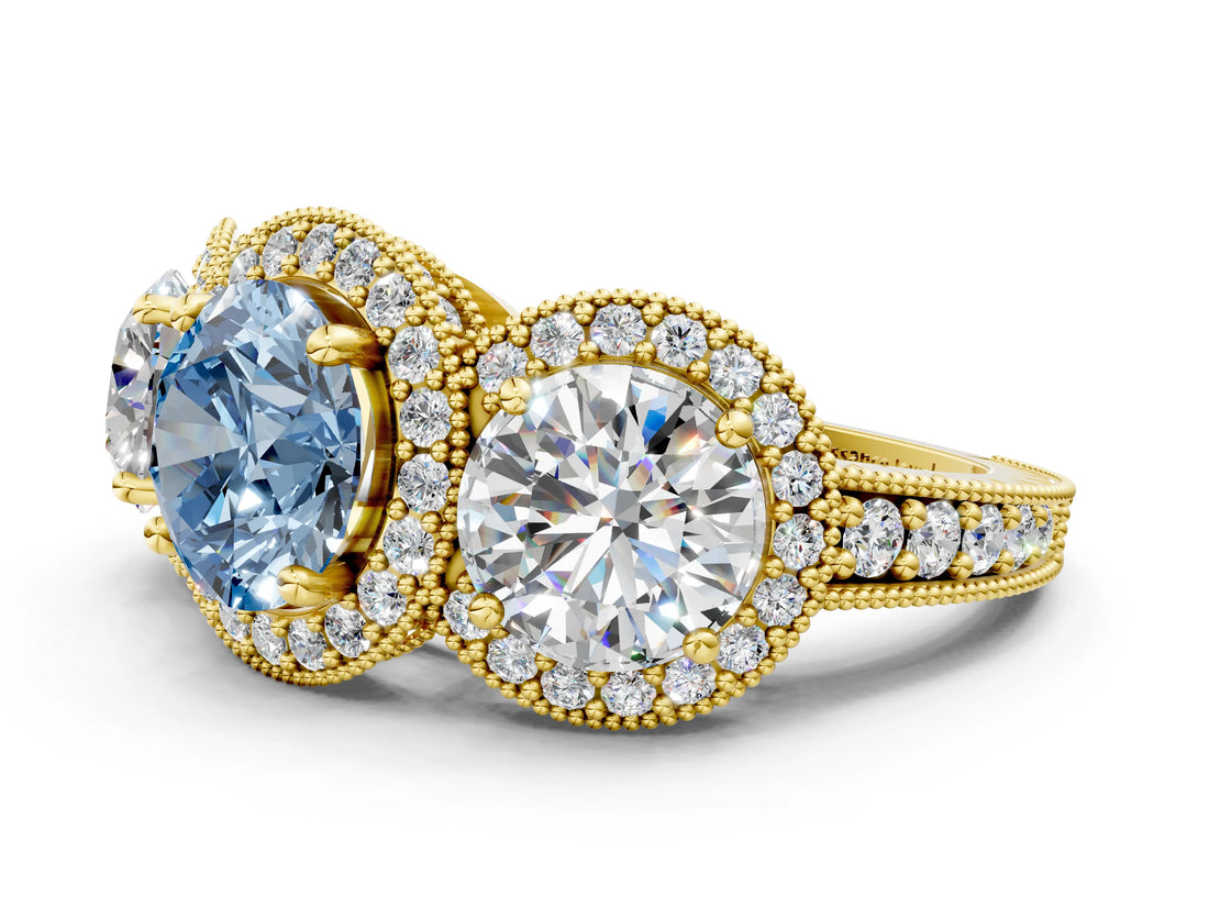 Yellow gold Three-Stone Fancy Blue Round Cut Halo Diamond Milgrain Band with Four-Prong Setting
