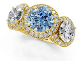 Yellow gold Three-Stone Fancy Blue Round Cut Halo Diamond Milgrain Band with Four-Prong Setting_1