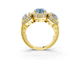 Yellow gold Three-Stone Fancy Blue Round Cut Halo Diamond Milgrain Band with Four-Prong Setting_3