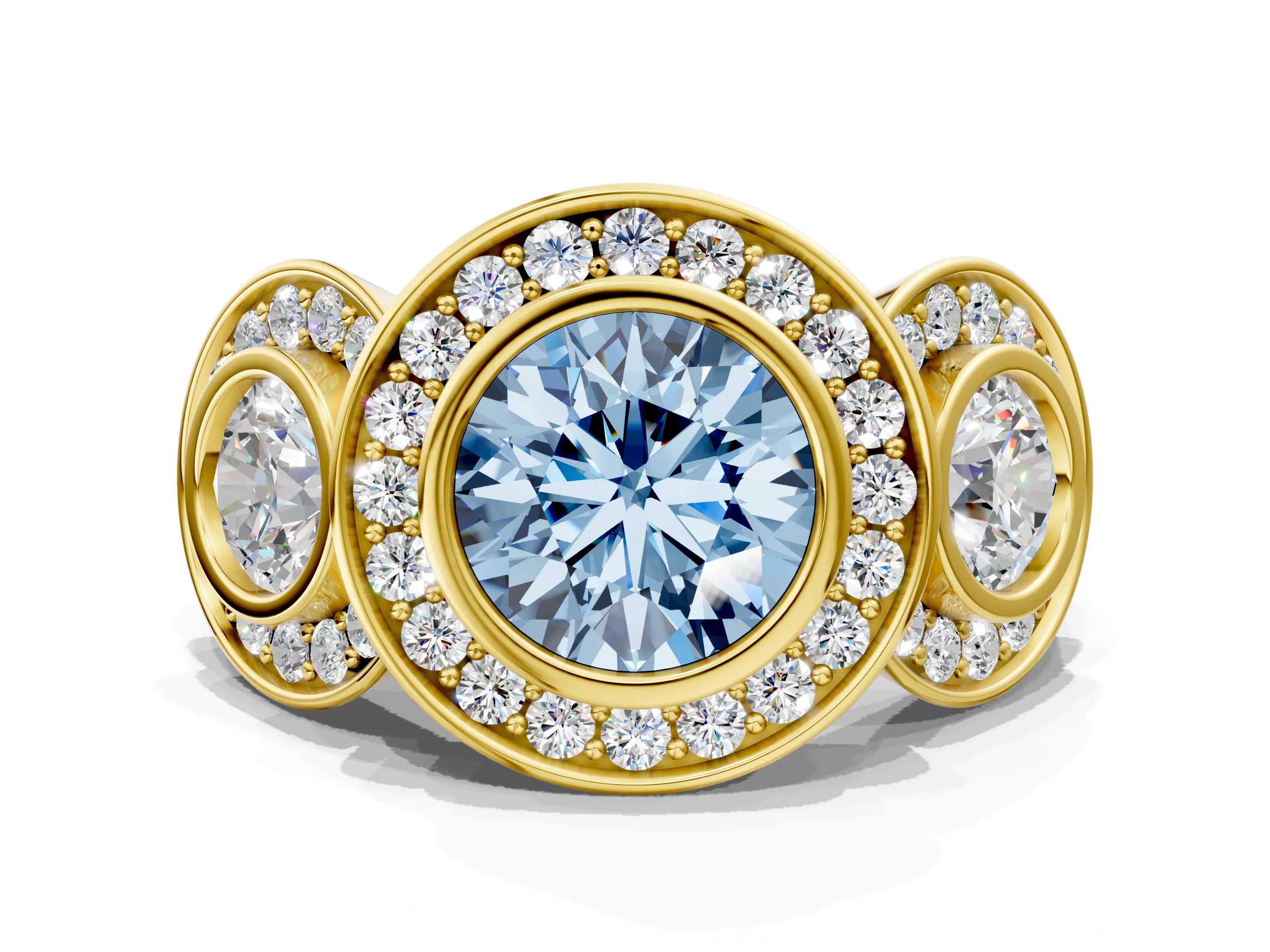 Yellow gold Three-Stone Fancy Blue Round Cut Halo Pavé Diamond Ring