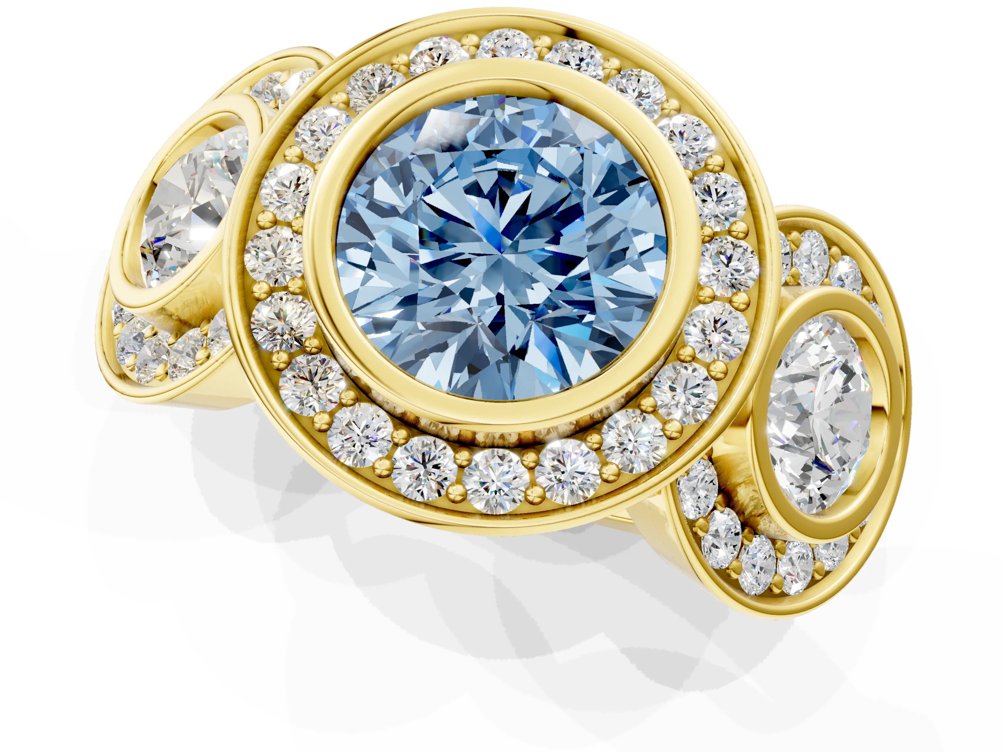 Yellow gold Three-Stone Fancy Blue Round Cut Halo Pavé Diamond Ring_1