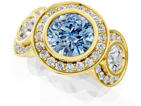Yellow gold Three-Stone Fancy Blue Round Cut Halo Pavé Diamond Ring_1
