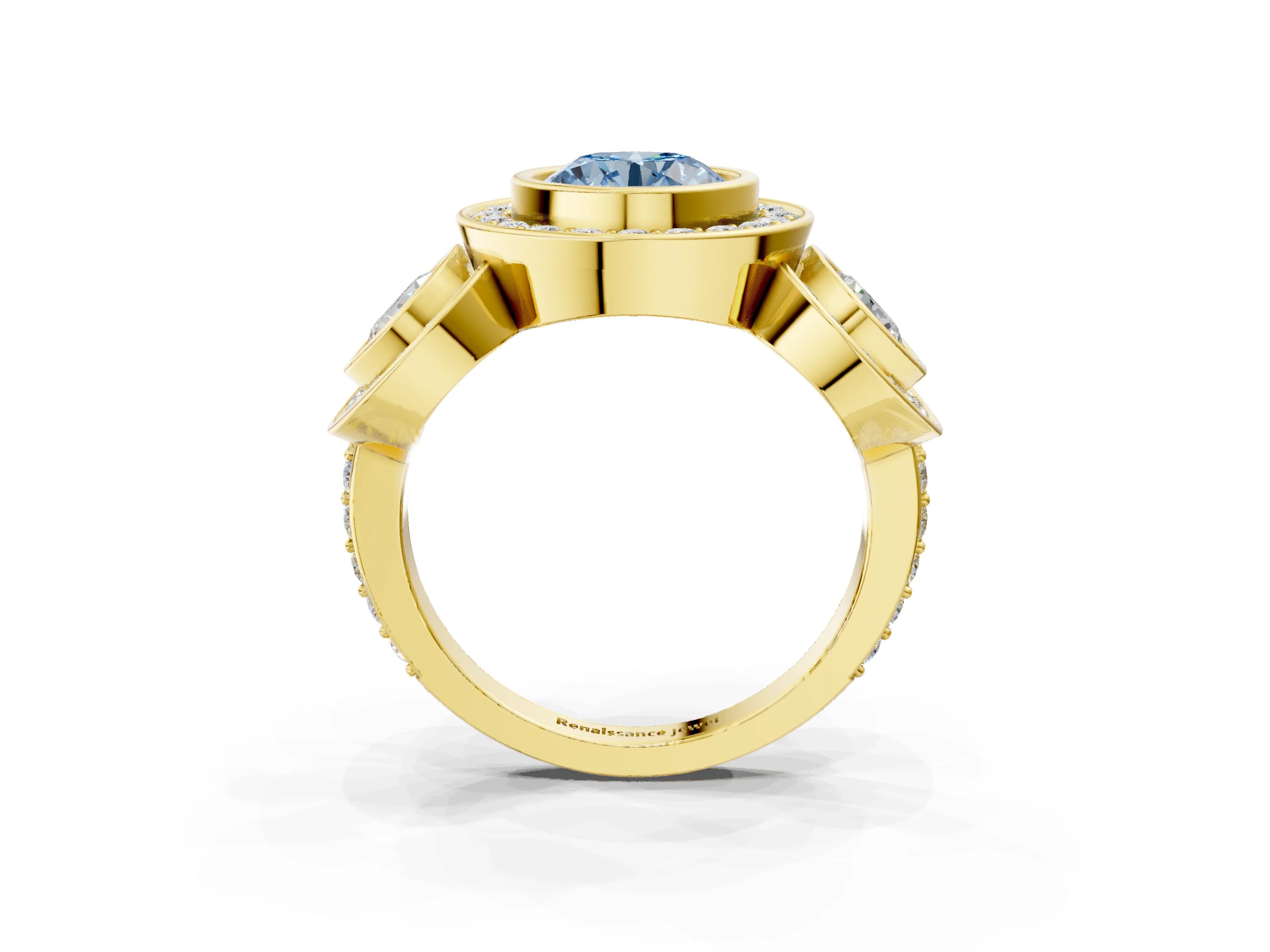 Yellow gold Three-Stone Fancy Blue Round Cut Halo Pavé Diamond Ring_3