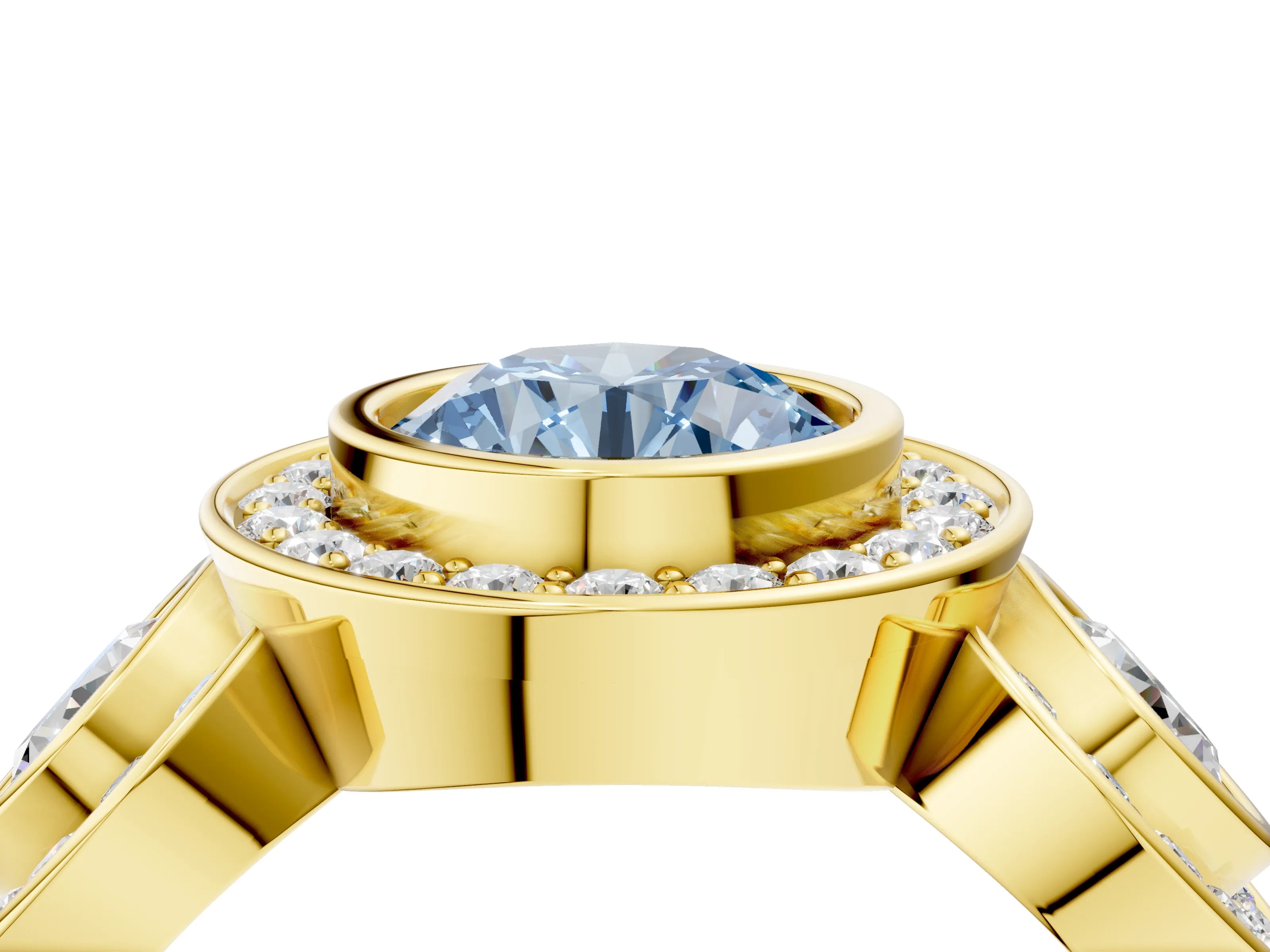 Yellow gold Three-Stone Fancy Blue Round Cut Halo Pavé Diamond Ring_4