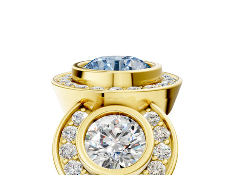 Yellow gold Three-Stone Fancy Blue Round Cut Halo Pavé Diamond Ring_5