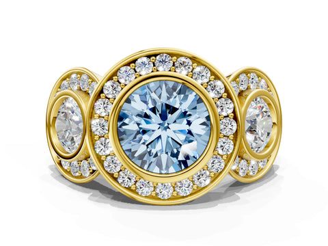 Yellow gold Three-Stone Fancy Blue Round Cut Halo Pavé Diamond Ring