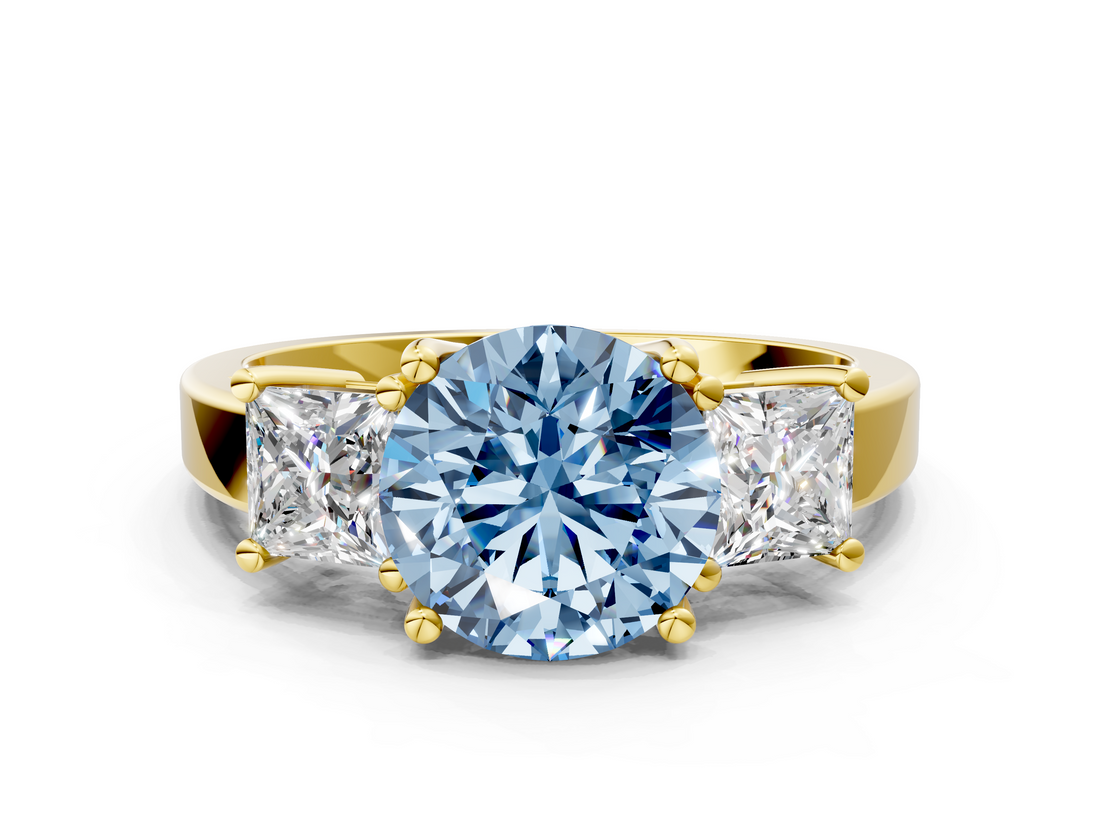 Yellow gold Three-Stone Fancy Blue Round  Cut Solitaire Ring with Prong Setting_3
