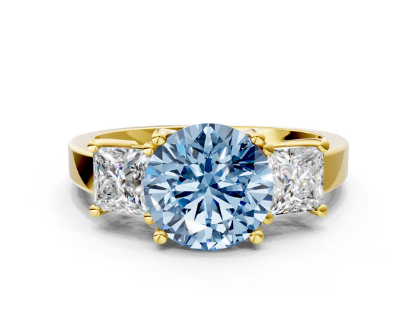 Yellow Gold Round Three Stone Engagement Ring Setting for Fancy Blue Center with Aligned Sides