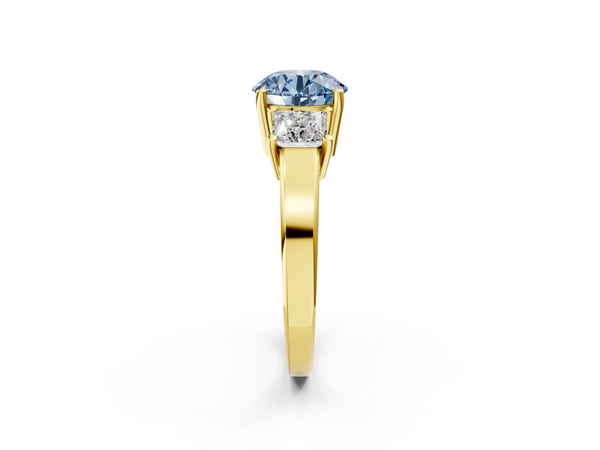 Yellow Gold Round Three Stone Engagement Ring Setting for Fancy Blue Center with Aligned Sides