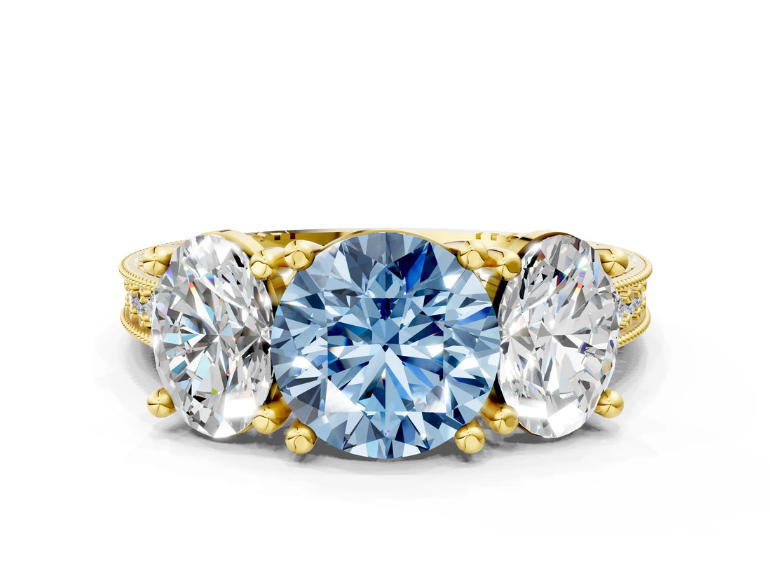Yellow gold Three-Stone Fancy Blue Round  Diamond Milgrain Pave Band with Prong Setting 1