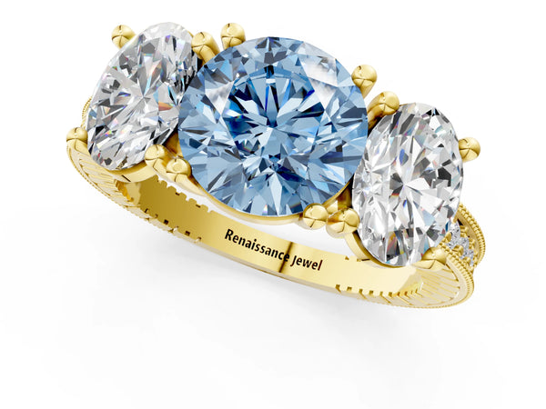 Yellow gold Three-Stone Fancy Blue Round  Diamond Milgrain Pave Band with Prong Setting