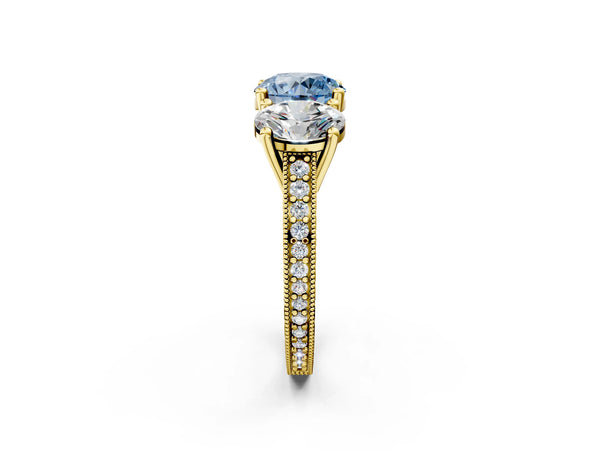 Yellow gold Three-Stone Fancy Blue Round  Diamond Milgrain Pave Band with Prong Setting