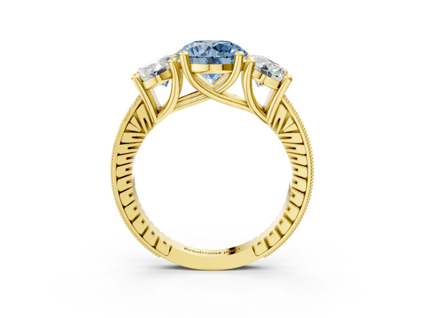 Yellow gold Three-Stone Fancy Blue Round  Diamond Milgrain Pave Band with Prong Setting