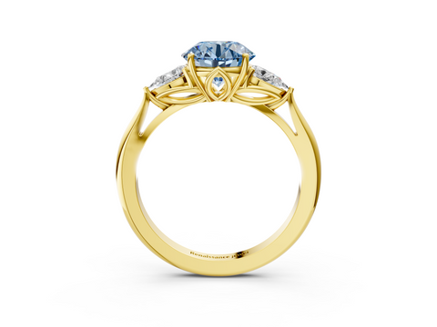 Yellow gold Three-Stone Fancy Blue Round  Diamond Solitaire Ring with Pear Side Stones and Four-Prong Setting_34