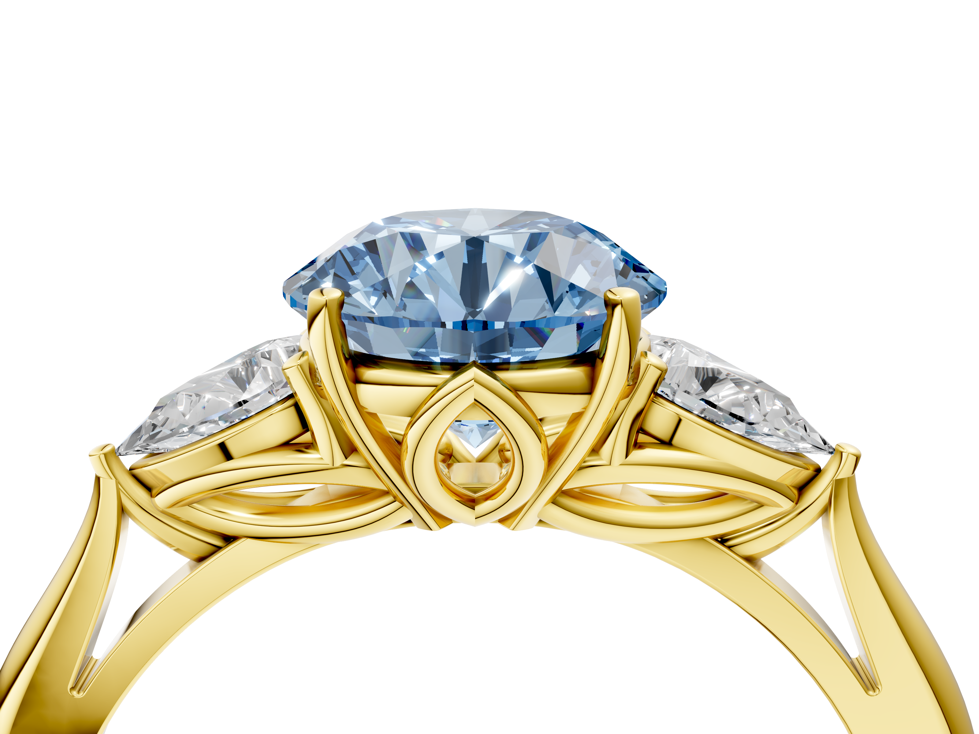 Yellow gold Three-Stone Fancy Blue Round  Diamond Solitaire Ring with Pear Side Stones and Four-Prong Setting_35