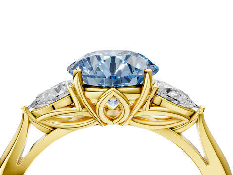 Yellow gold Three-Stone Fancy Blue Round  Diamond Solitaire Ring with Pear Side Stones and Four-Prong Setting_35