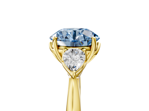 Yellow gold Three-Stone Fancy Blue Round  Diamond Solitaire Ring with Pear Side Stones and Four-Prong Setting_36