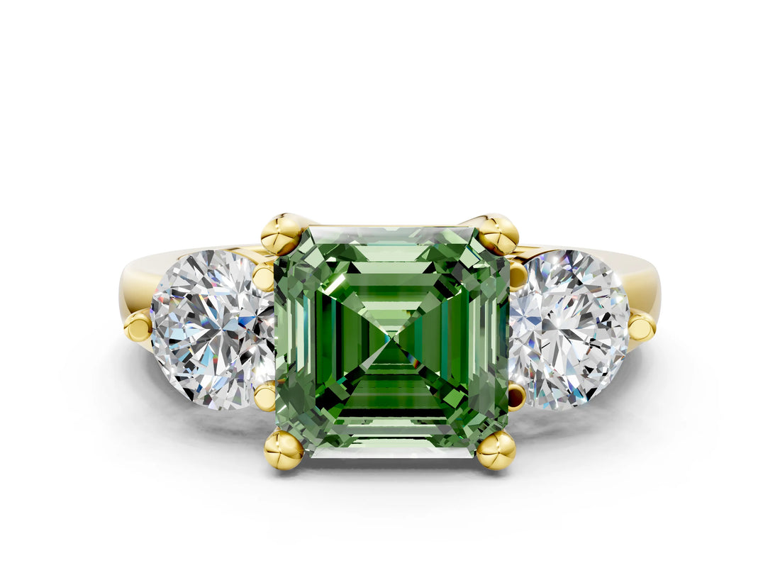 Yellow gold Three-Stone Fancy Green Asscher  Brilliant Cut Solitaire Ring with Prong Setting on a Classic Band