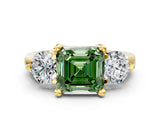Yellow gold Three-Stone Fancy Green Asscher  Brilliant Cut Solitaire Ring with Prong Setting on a Classic Band