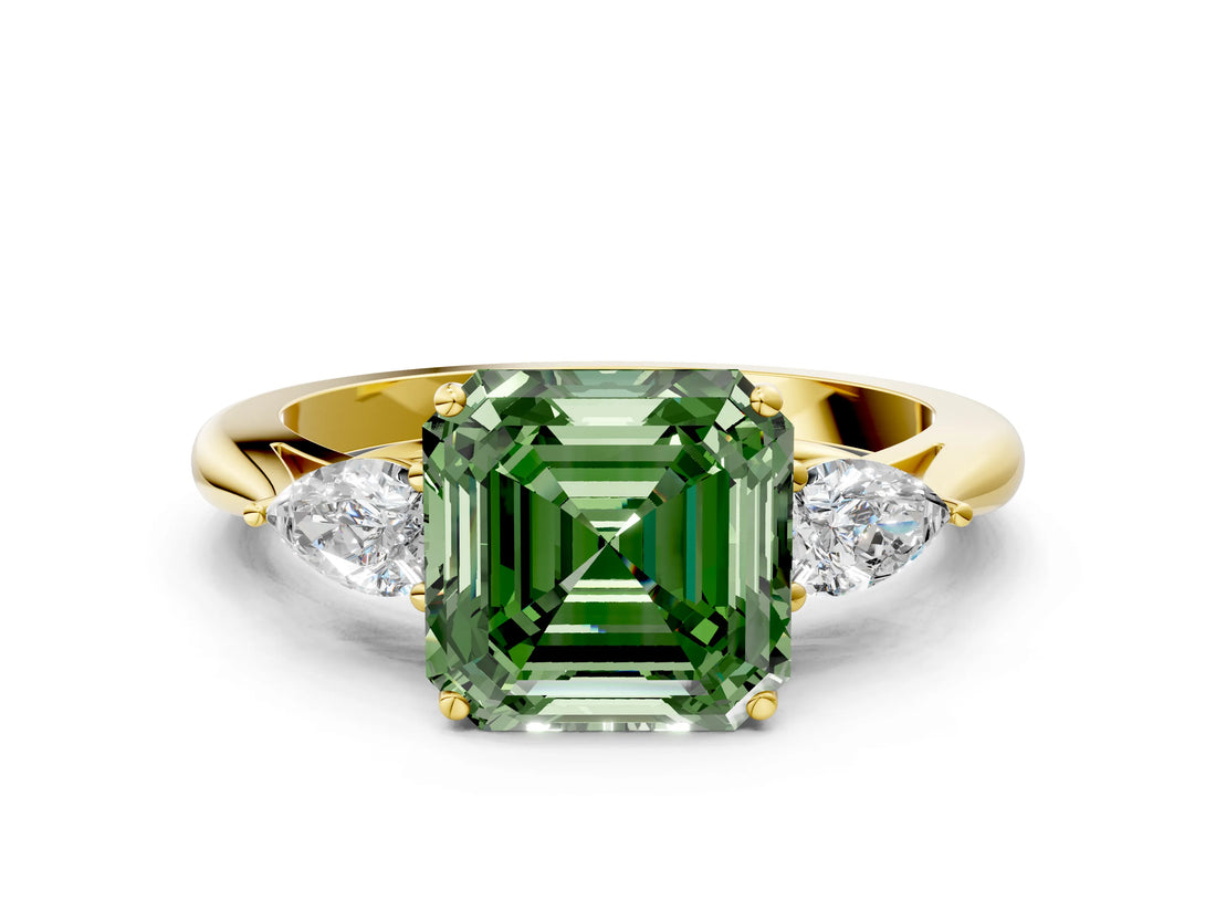 Yellow gold Three-Stone Fancy Green Asscher Cut Brilliant Diamond Solitaire Ring with Tapered Band and Four-Prong Setting_12