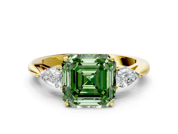 Yellow Gold Asscher Cut Three Stone Engagement Ring Setting for Fancy Green Center - Design RJ-632