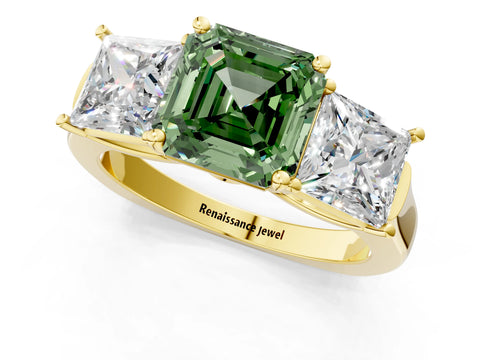 Yellow gold Three-Stone Fancy Green Asscher Cut Brilliant Diamond Trellis Ring with Comfort Fit Band_1